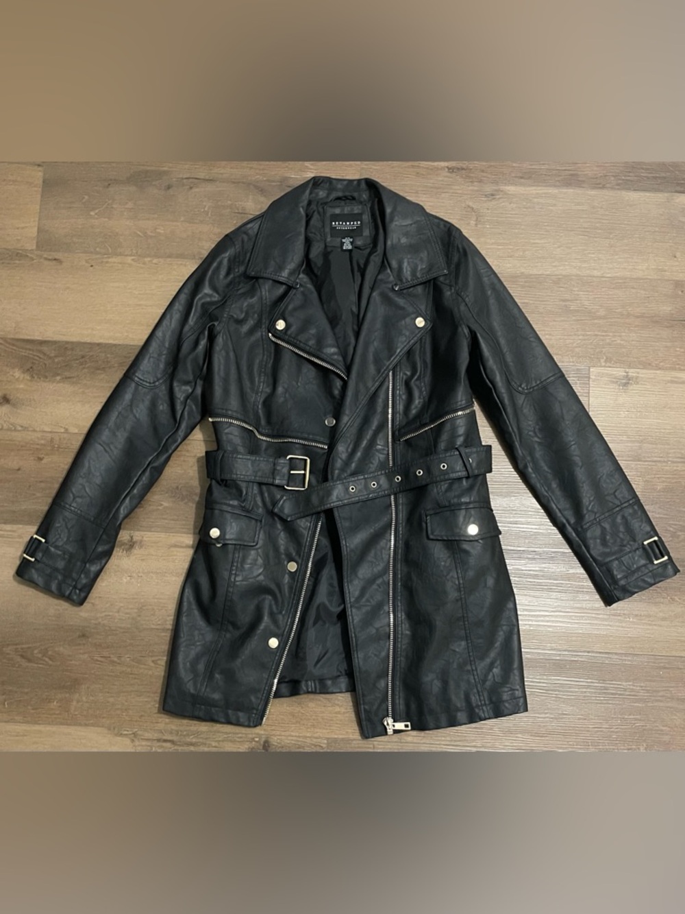Black bikercore Faux Leather Belted Moto Trench Coat